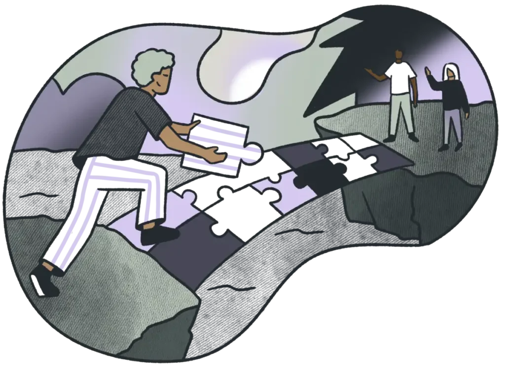 Person holding a puzzle piece to complete a bridge, symbolizing attachment patterns in therapy