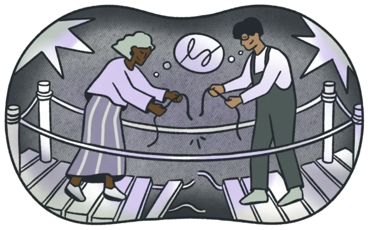 Two people repairing a broken rope bridge, symbolizing connection in attachment therapy