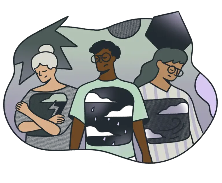 A graphic of three people appearing sad and burdened, representing the collective weight of anxiety and deep empathy.