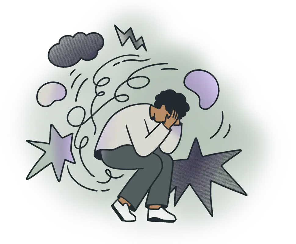 A graphic illustration of a person overwhelmed by anxiety, covering their face with their hands, surrounded by symbols representing the chaos of heightened awareness.