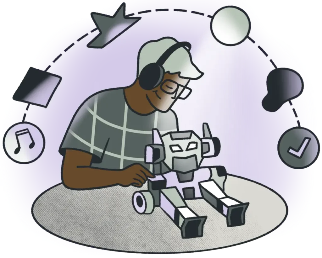 Person wearing headphones building a model, focused on a hands-on project