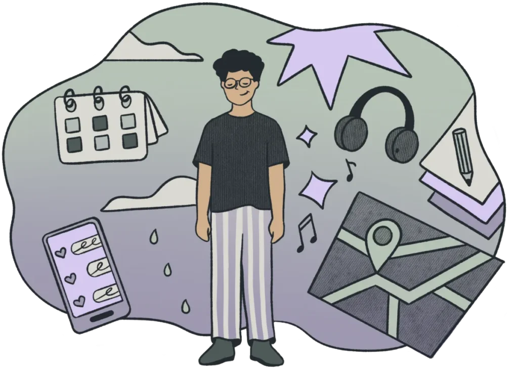 Illustration of a person surrounded by floating items including a calendar, phone with notifications, headphones, a map, and a pen and paper.
