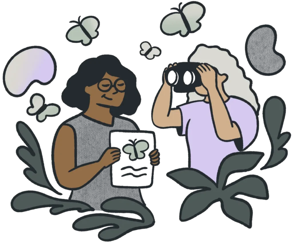 Illustration of two women, one holding a paper with a butterfly and the other looking through binoculars, depicting deep focus on a specific interest.