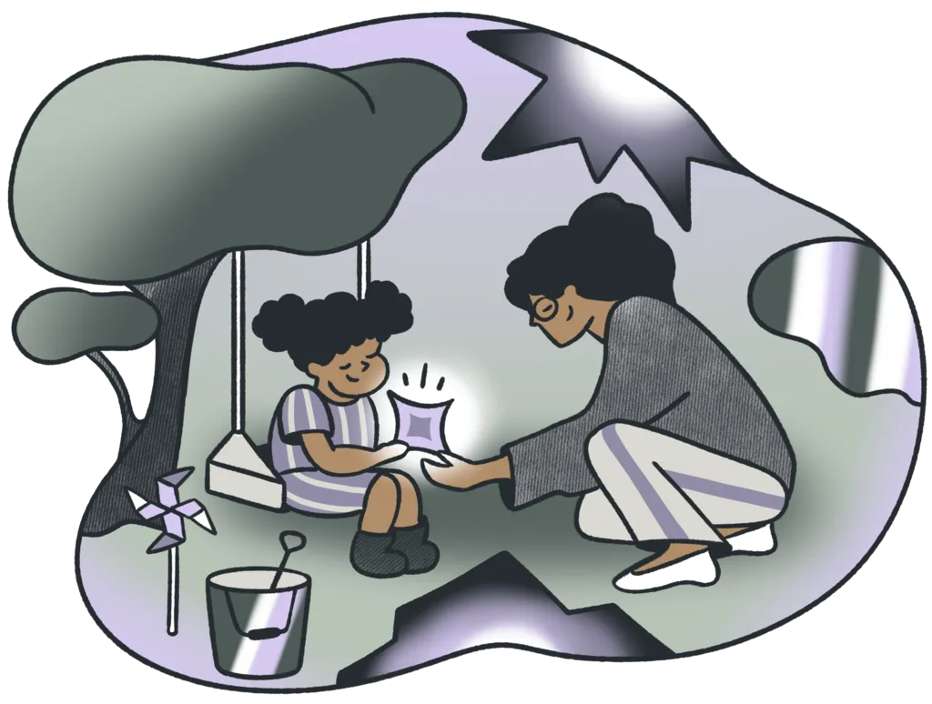 A visual representation of an adult woman comforting a child version of herself, illustrating the concept of healing the inner child.