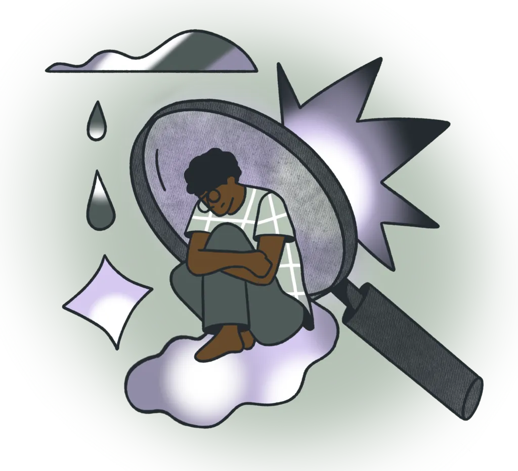 A magnifying glass zooming in on a struggling individual, symbolizing the diagnostic clarity provided by psychological assessments.